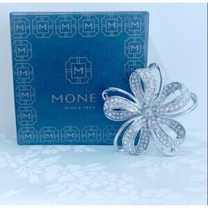 Brooch Vtg Monet Bow Rhinestone Ribbon Flower Pin Lapel Scarf Silver Tone